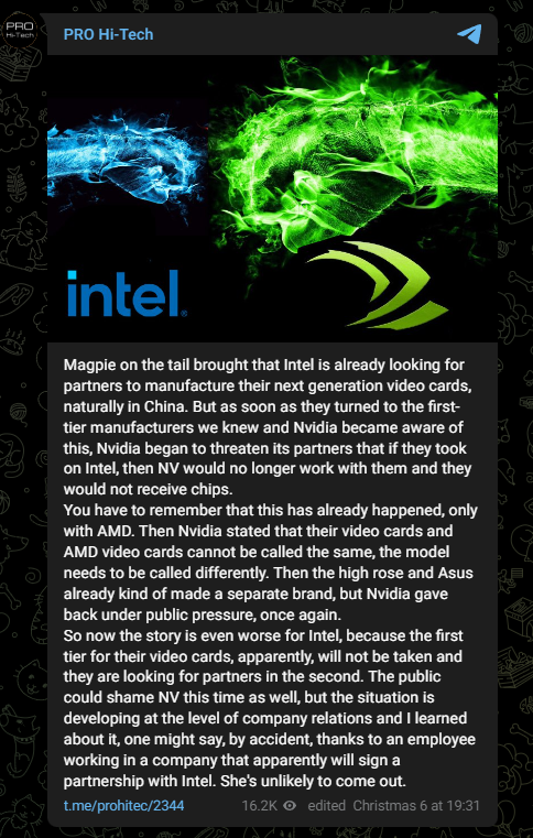 Pro Hi-Tech in Telegram (Machine Translated) Pro Hi-tech on telegram about Nvidia vs Intel
